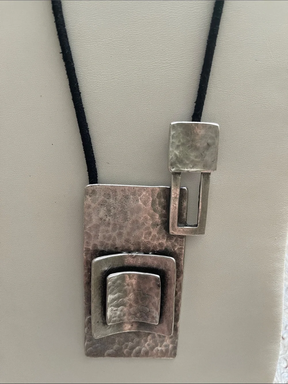 Contemporary Black Cord Necklace with Hammered Silver Plated Pendant